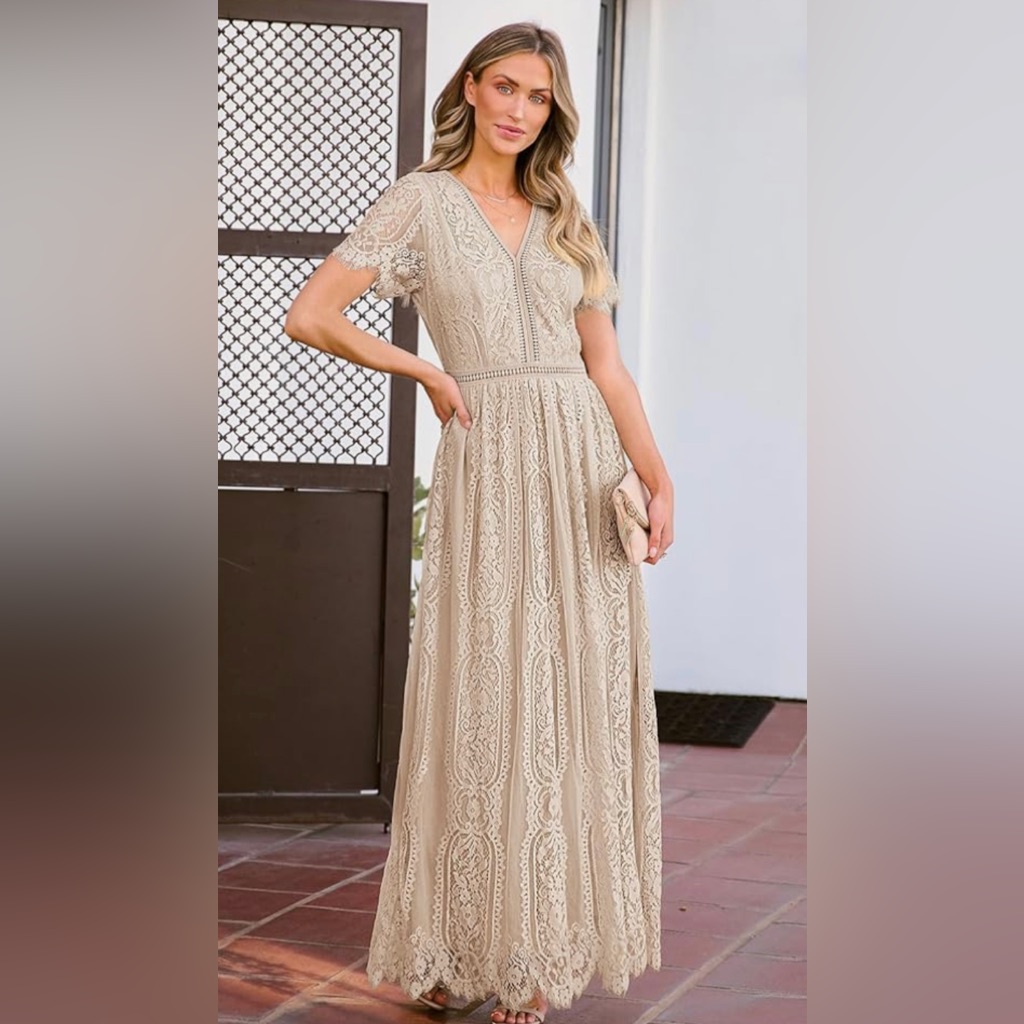 Nwt Women's V Neck Short Sleeve Floral Lace Maxi Dress, Multi Colors Available